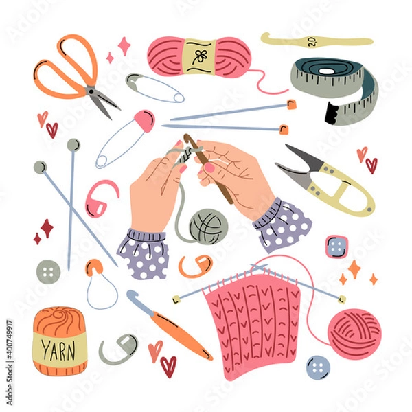 Fototapeta Knitting set. Hands with knitting. The concept of needlework and knitting. Scissors, needles, hooks, yarn, thread, needle, pin, tape measure. Hand-drawn illustration on a white background.