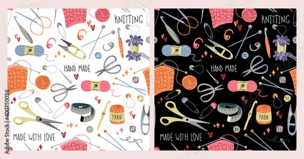 Fototapeta Seamless pattern with knitting accessories and tools. The concept of needlework and crocheting and knitting. Pin, scissors, needle, yarn, hook. Design for print, Wallpaper, fabric, textile, banner