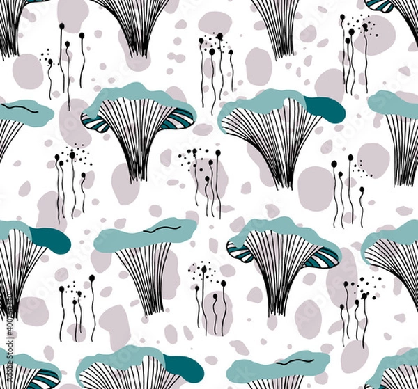 Fototapeta Seamless mushroom background. Hand drawn pattern. Design for printing, Wallpaper, fabric, textiles, banner. Simple style