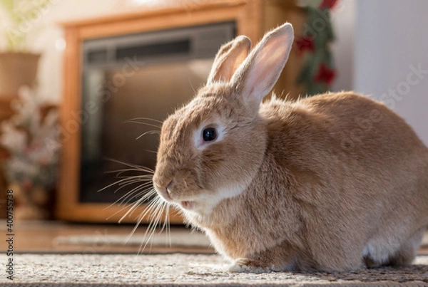 Fototapeta Rufus bunny rabbit poses left in home warm tones mature house rabbit
