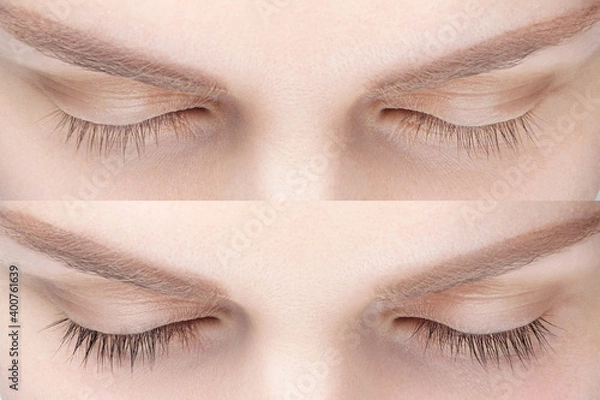 Fototapeta Woman eyelash tinting before and after. Henna tint, lamiation, keratin