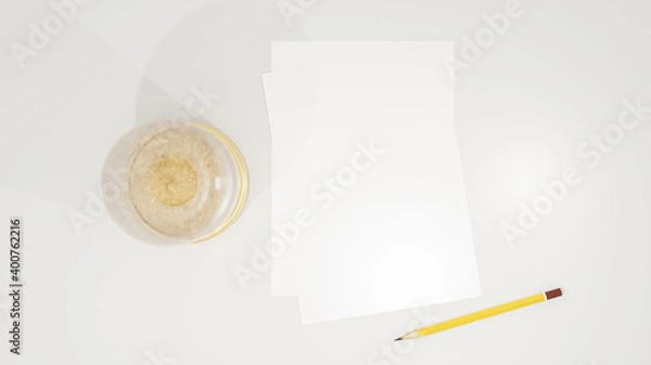 Obraz Winter mockup greeting card on table with gold decoration and pencil in light interior 3d illustration