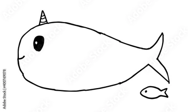 Obraz Narwhal and fish line icon. Stylization for a child's drawing