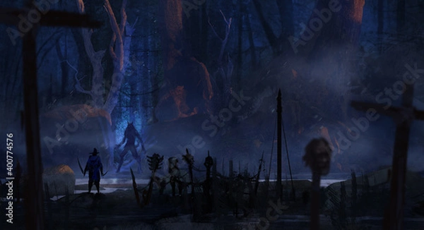Fototapeta Digital painting of an adventuring bounty hunter crossing paths with a dangerous werewolf in an epic forest environment - fantasy illustration