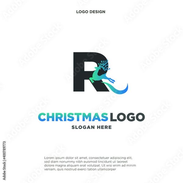 Obraz Deer Logo. Blue Shape Initial Letter R with Negative Space Jumping Deer Silhouette inside isolated on Grey Background. Flat Vector Logo Design Template Element.