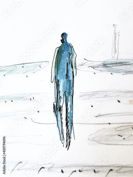 Fototapeta Abstrakte Zeichnung - Mensch von hinten in blauer Farbe.  In die Ferne schauend. Den Weg suchend. EInsam durch Corona. Kontaktbeschränkung