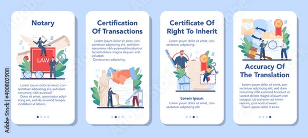Fototapeta Notary service mobile application banner set. Professional lawyer signing