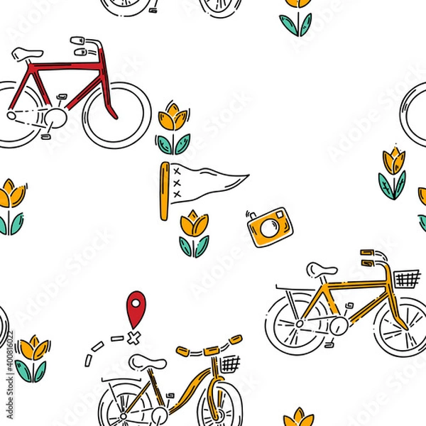 Fototapeta Doodle pattern with cheese, wine, klomps and other other tourist stuff. Hand drawn pattern in doodle style. Vector image, clipart, editable details.