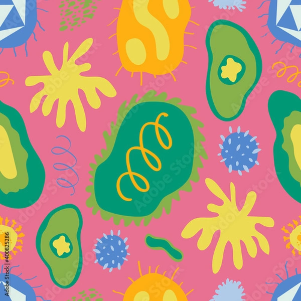 Fototapeta Colorful vector seamless pattern with different viruses and bacteria on pink background. Laboratory, microbiology, science, study, clinical research, medicine, cartoony