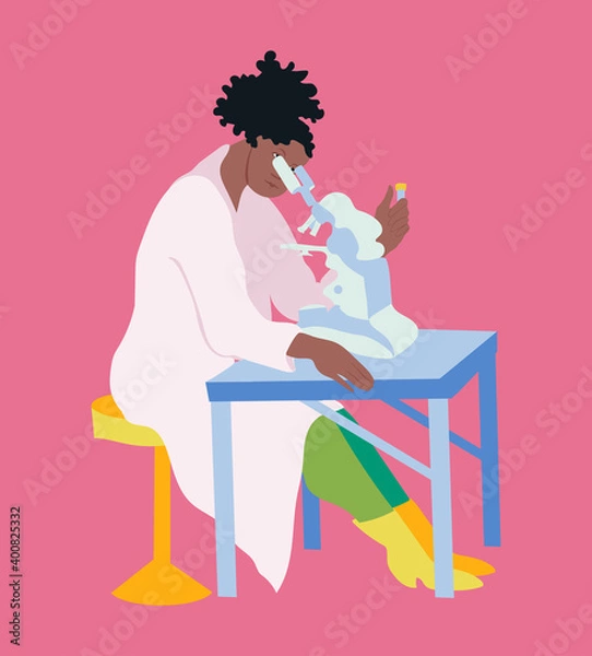 Fototapeta Vector illustration of female scientist working with a microscope on pink background.  Laboratory, microbiology, science, study, clinical research, medicine. Banner, card, poster