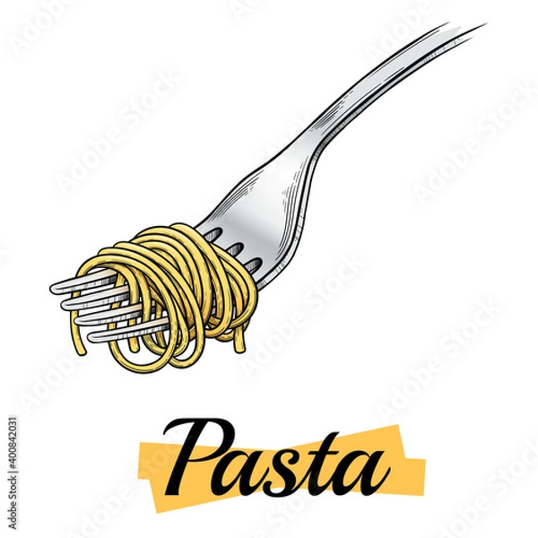 Fototapeta Italian pasta. Spaghetti on a fork. Vector vintage black illustration isolated on a white background. Engraving, outline, ink style, in color.