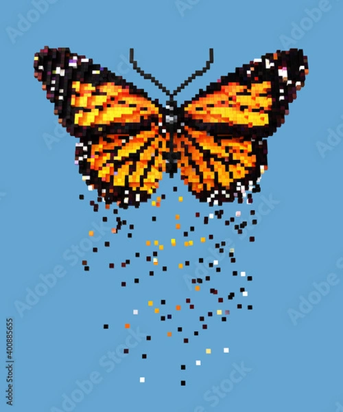 Fototapeta 3D pixel art orange butterfly on blue background