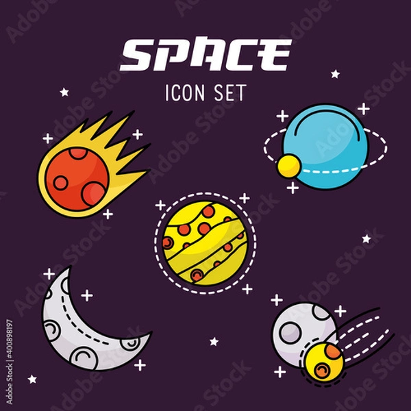 Fototapeta bundle of five space set line and fill style icons and lettering vector illustration design
