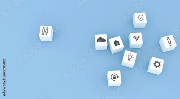 Fototapeta Home network system concept illustration. scattered 3D rendering blocks.