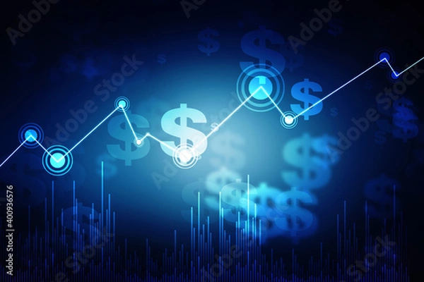 Obraz business line graph growing upwards in futuristic business background. Background filled with dollars and graph