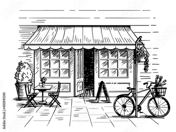 Fototapeta Vector sketch of a street cafe with table and chairs, flowers in pots, a pillar and a bicycle. The illustration is drawn by hand. For restaurant menu decoration food and tourism.