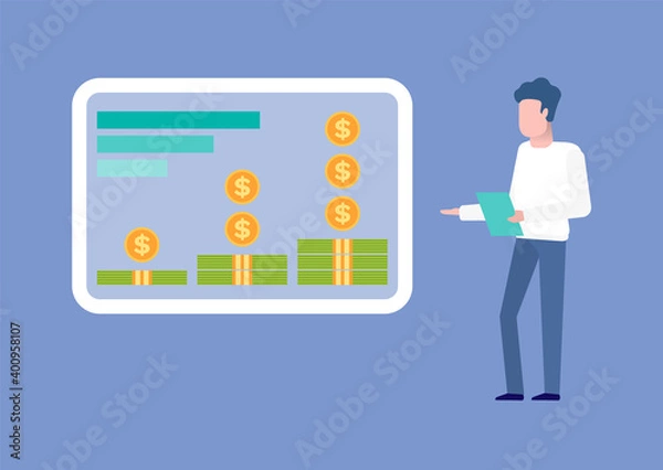 Fototapeta Person giving presentation vector, board with infochart in form of growing profit from business project. Male with document explaining concept flat style