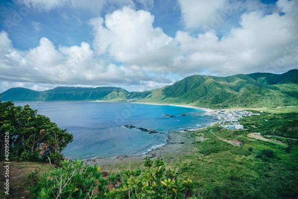 Fototapeta Landscape view from Nipple Hill on Lanyu island in Taitung. Landscape view with sea and mountains on a sunny day.