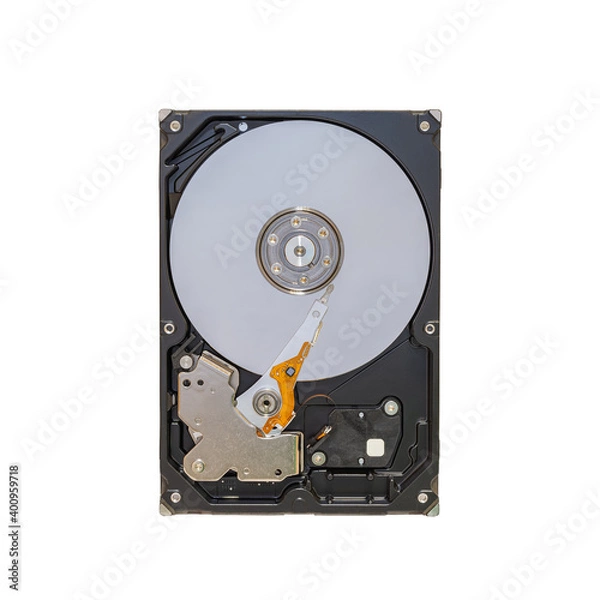 Fototapeta Close up inside of computer hard disk drive HDD isolated on white background