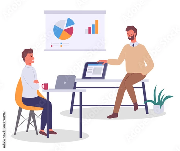 Fototapeta Office workers characters discussing matters, statistics chart. Businessman and colleague sitting at office desk with laptop talking communicating. Business meeting and consideration of working issues