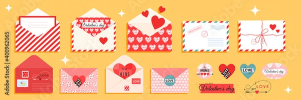 Fototapeta Valentine's day envelopes and cards in red and pink color flat style. Postcards and letters for lovers. Vector stock illustration