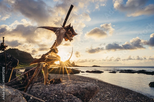 Fototapeta The light of sunset went through the dried fish at Lanyu island. Drying fish is part of the aboriginal culture in Lanyu.