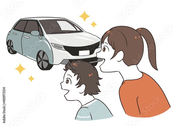 Obraz 普通自動車を見る　喜ぶ親子