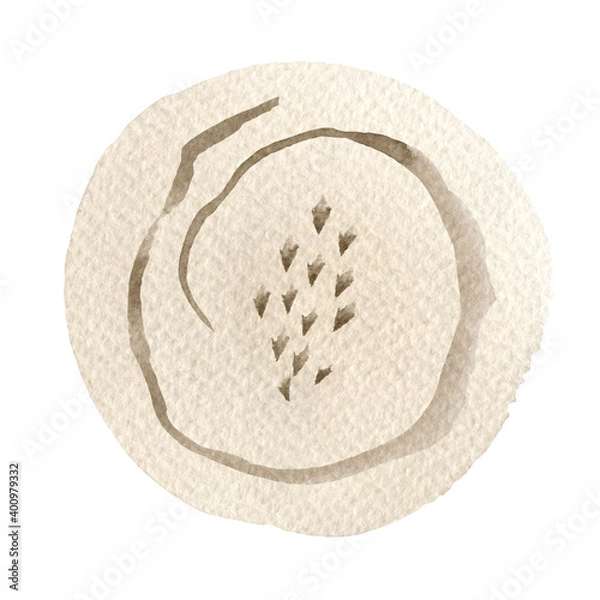 Fototapeta Watercolor abstract hand drawn illustration with sandy textured shape, sepia line and dots. A brown square picture with a white background.