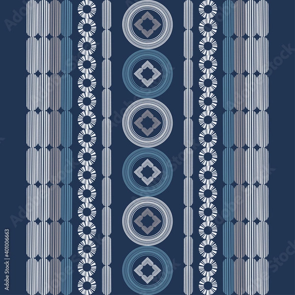Fototapeta Border. Mosaic with geometric shapes. Seamless pattern. Design with manual hatching. Textile. Ethnic boho ornament. Vector illustration for web design or print.