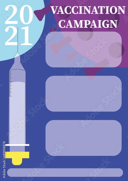 Fototapeta Banner design to inform about the vaccination campaign against covid-19. Illustration of virus and syringe with needle.