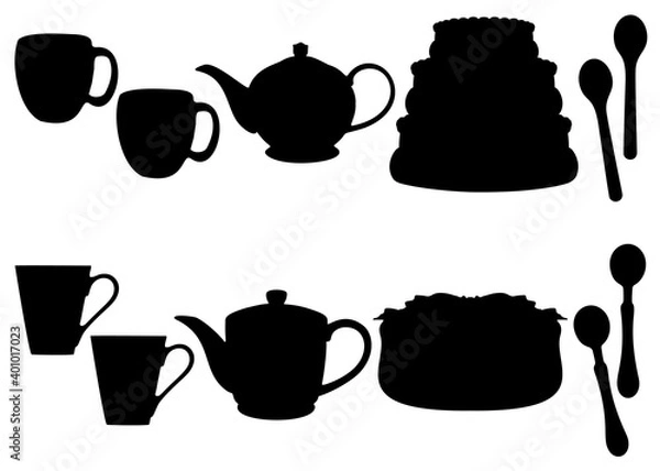 Fototapeta A set of cake, mugs, spoons and teapot.