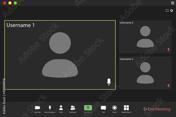 Obraz Video conference user interface. Video call screen interface template. Application for social communication. three users.