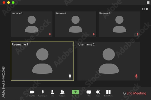 Obraz Video conference user interface. Video call screen interface template. Application for social communication. five users.