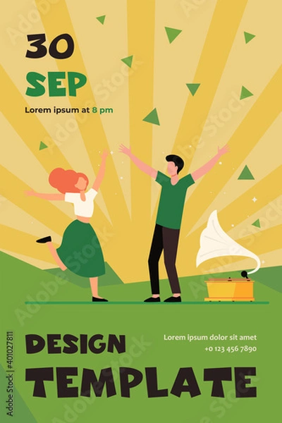 Fototapeta Young couple enjoying retro party. Happy girl and guy dancing at gramophone flat vector illustration. Entertainment, romance, fun concept for banner, website design or landing web page