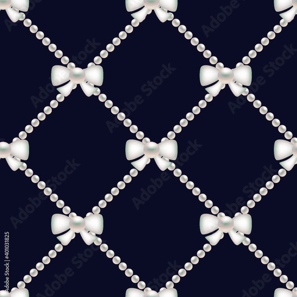 Obraz White bows and pearls on blue background. 3D Vector illustration for fabric design, print for textile, scarf, underwear and packaging. Textile pattern, print pattern, wrapping. Seamless pattern.