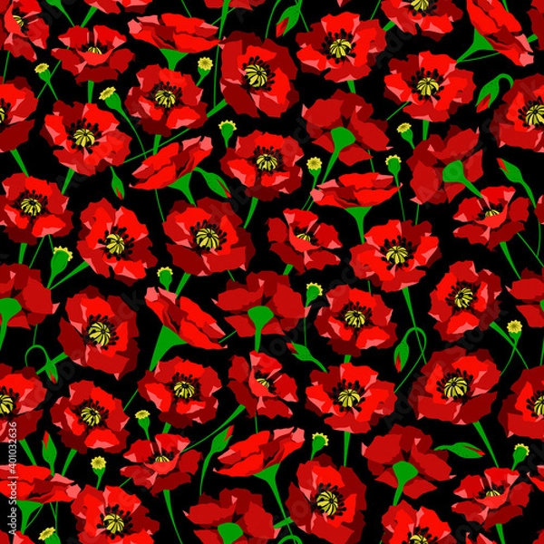 Fototapeta Flower pattern red poppy with buds floral seamless colorful background