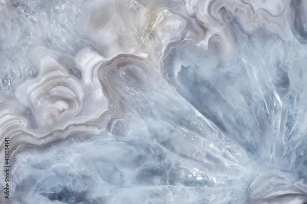 Obraz Full-screen close-up texture of light blue-white agate with quartz crystals. Natural stone background.
