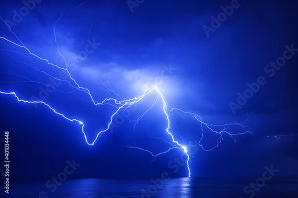 Obraz A huge branched lightning strikes the sea near a distant ship with a reflection