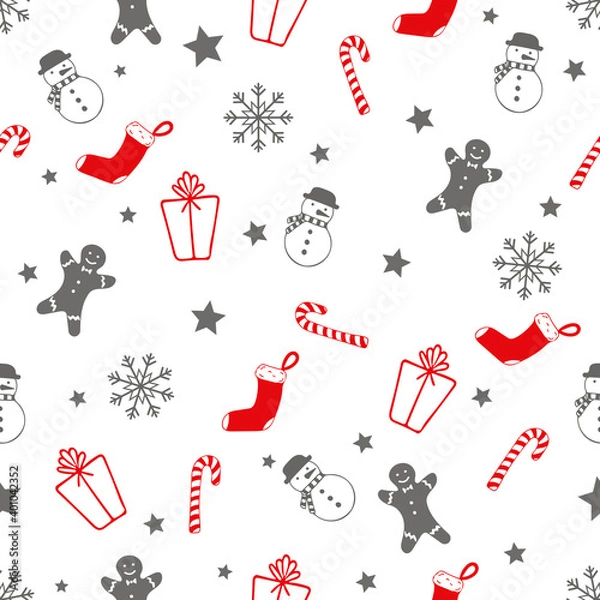 Obraz Christmas seamless red, gray white pattern with gift, candy, star, snowflake, snowman, gingerman holiday icons,New Year elements. for print, wrapping