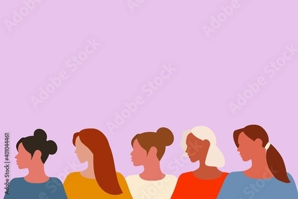 Fototapeta Five women of different nationalities and hair color stand side by side. The poster of friendship and the Union of feminists or Sorority. The concept of gender equality and the women's empowerment