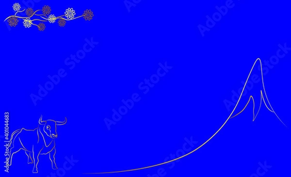 Obraz Happy Chinese New Year greeting minimalistic postcard and banner with space for text, golden flowers, mountain with zodiac bull on a blue background. For flyers, invitations, posters, brochures, 