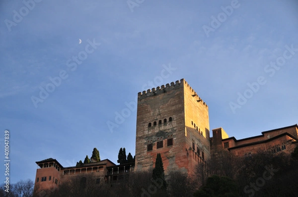 Obraz Detail of Alhambra palace, Granada, Andalusia with half moon, December 2020