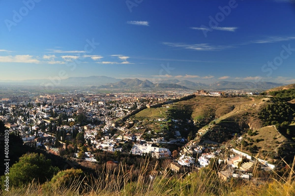 Obraz Panoramic view over Granada, Albaicin and Sacromonte, Zirid city walls, Sierra Elvira in the background