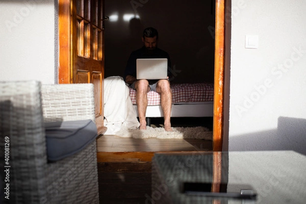 Fototapeta man working on laptop in wooden cottage