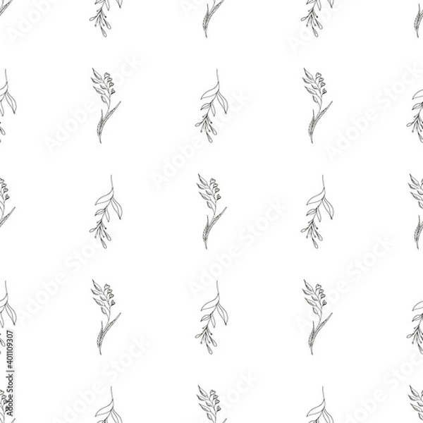 Fototapeta Doodle simple vector seamless pattern of hand-drawn leaves. Seamless pattern of hand-drawn branches. Big floral botanical set. Isolated on white background.