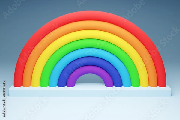 Fototapeta 3d illustration of a rainbow round arch on a  gray background.  Portal of long inflatable colorful balls to the magical land