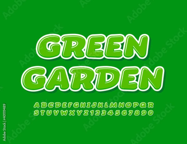 Fototapeta Vector eco emblem Green Garden. Funny modern Font. Creative Alphabet Letters and Numbers set