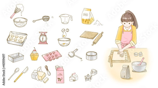 Obraz クッキーを作る女性とお菓子作りのイラストセット