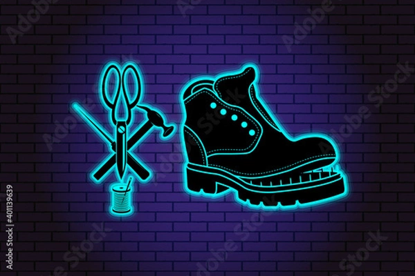 Fototapeta Shoe repair service. Neon symbol in old retro style. On background of brick illuminated wall