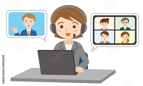 Fototapeta ノートパソコンでオンライン作業をするヘッドセットをつけたスーツ姿の若い女性のイラスト/白背景